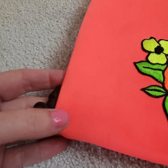 TRIANGL Floral Embroidered Neoprene Backpack Bag Rope Beach Summer Coral Neon - Picture 13 of 13